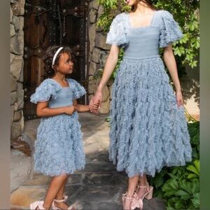 Ivy City Co Dusty Blue Ruffle Puff-Sleeve Dress